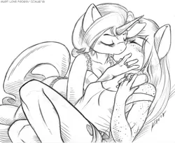 Size: 1200x978 | Tagged: safe, artist:kaemantis, deleted from derpibooru, derpibooru import, applejack, rarity, anthro, earth pony, unicorn, breasts, cleavage, clothes, eyes closed, female, kissing, lesbian, mare, monochrome, rarijack, shipping, simple background, sketch, white background