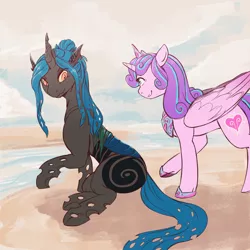 Size: 2700x2700 | Tagged: safe, artist:overlordneon, derpibooru import, princess flurry heart, oc, oc:chriki, alicorn, changeling, pony, beach, changeling oc, female, looking back, mare, next generation, older, older flurry heart, parent:queen chrysalis, sitting, smiling, water