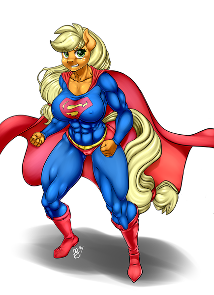 Size: 700x966 | Tagged: abs, anthro, app-el, applejack, applejacked, artist:pia-sama, big breasts, boots, breasts, busty applejack, cameltoe, cape, clothes, commission, crossover, dc comics, derpibooru import, erect nipples, female, fist, freckles, huge breasts, looking at you, mare, muscles, nipple outline, questionable, shoes, simple background, solo, solo female, superhero, superman, supermare, white background