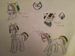 Size: 1288x966 | Tagged: safe, artist:ponime11, derpibooru import, oc, oc:phantom heart, oc:phantom spade, pony, unicorn, female, glasses, magic, mare, reference sheet, traditional art