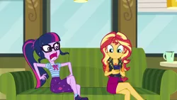 Size: 1920x1080 | Tagged: safe, derpibooru import, screencap, sci-twi, sunset shimmer, twilight sparkle, equestria girls, equestria girls series, text support, crossed legs, duo, female, food, freakout, geode of empathy, geode of telekinesis, glasses, legs, magical geodes, mobile phone, mug, phone, smartphone, tea, text support: sunset shimmer