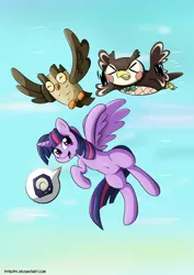 Size: 1024x1449 | Tagged: alicorn, animal crossing, artist:pyropk, blathers, crossover, cute, derpibooru import, flying, fossil, owl, owlowiscious, pet, safe, twilight sparkle, twilight sparkle (alicorn)