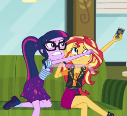 Size: 800x732 | Tagged: safe, derpibooru import, screencap, sci-twi, sunset shimmer, timber spruce, twilight sparkle, equestria girls, equestria girls series, text support, animated, clothes, flailing, geode of empathy, geode of telekinesis, glasses, keep away, magical geodes, majestic as fuck, phone, tantrum, text support: sunset shimmer