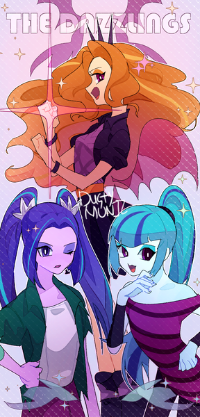 Size: 1020x2122 | Tagged: safe, artist:dusty-munji, derpibooru import, adagio dazzle, aria blaze, sonata dusk, equestria girls, rainbow rocks, :3, clothes, cute, gem, moe, pigtails, ponytail, shirt, siren gem, skirt, smiling, the dazzlings, trio, twintails