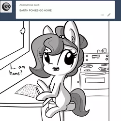 Size: 1650x1650 | Tagged: safe, artist:tjpones, derpibooru import, oc, oc:brownie bun, unofficial characters only, earth pony, pony, horse wife, ask, blackmail, chest fluff, dialogue, ear fluff, female, grayscale, hoof hold, letter, mare, monochrome, oven, pencil, ransom note, simple background, sitting, solo, this will end in jail time, tumblr, when you see it, white background