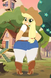 Size: 2500x3800 | Tagged: suggestive, artist:eqlearq, derpibooru import, applejack, equestria girls, applebucking thighs, applebutt, ass, boots, chubby, clubhouse, cowboy boots, crusaders clubhouse, curvy, female, huge butt, large butt, looking at you, looking back, looking back at you, plump, rear view, smiling, solo, solo female, sweet apple acres, the ass was fat, thick, thunder thighs, wide hips