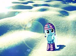 Size: 443x332 | Tagged: artist:austiniousi, clothes, derpibooru import, edit, safe, snow, snow cap, socks, solo, striped socks, trixie