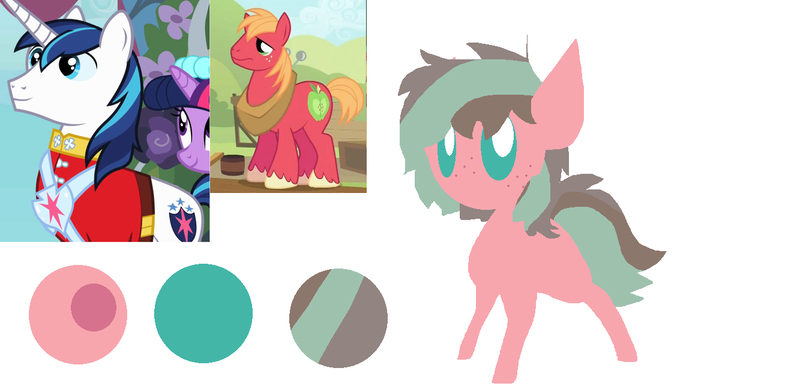 Size: 1333x654 | Tagged: safe, artist:angelstar000, derpibooru import, big macintosh, shining armor, oc, oc:cookie, earth pony, pony, color palette, magical gay spawn, offspring, parent:big macintosh, parent:shining armor, parents:shiningmac, simple background, white background