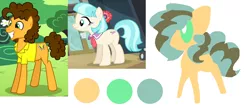 Size: 1266x545 | Tagged: safe, artist:angelstar000, derpibooru import, cheese sandwich, coco pommel, oc, oc:bulletin board, earth pony, pony, cheesecoco, color palette, female, male, offspring, parent:cheese sandwich, parent:coco pommel, parents:cheesecoco, shipping, simple background, straight, white background