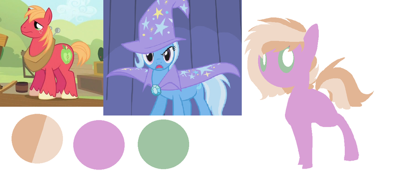 Size: 1255x548 | Tagged: safe, artist:angelstar000, derpibooru import, big macintosh, trixie, oc, oc:shapeshift, earth pony, pony, color palette, offspring, parent:big macintosh, parent:trixie, parents:trixmac, simple background, white background