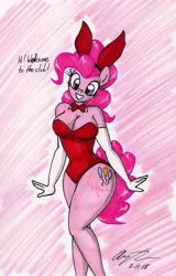 Size: 1093x1705 | Tagged: suggestive, artist:newyorkx3, derpibooru import, pinkie pie, anthro, earth pony, adorasexy, blue eyes, bowtie, breasts, bunny ears, bunny suit, busty pinkie pie, cleavage, clothes, cute, cutie mark, dialogue, diapinkes, evening gloves, female, gloves, hair, hips, leotard, long gloves, looking at you, mane, mare, pink fur, pink hair, pink mane, pink tail, sexy, smiling, solo, solo female, stupid sexy pinkie, tail, traditional art