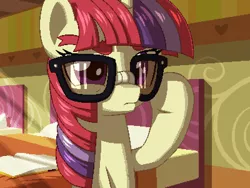 Size: 800x600 | Tagged: safe, artist:rangelost, derpibooru import, moondancer, pony, unicorn, cyoa:d20 pony, bed, book, bust, female, glasses, image, indoors, mare, pillow, pixel art, png, raised hoof, sitting, solo