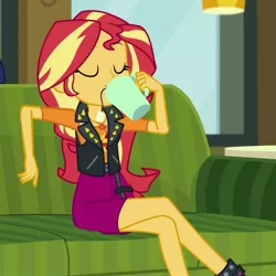 Size: 2048x2048 | Tagged: safe, derpibooru import, screencap, sunset shimmer, equestria girls, equestria girls series, text support, cropped, crossed legs, drinking, food, geode of empathy, legs, magical geodes, solo, tea, text support: sunset shimmer