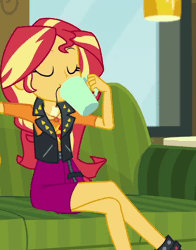 Size: 728x928 | Tagged: safe, derpibooru import, screencap, sunset shimmer, equestria girls, equestria girls series, text support, animated, cafe, couch, cropped, crossed legs, drinking, food, geode of empathy, legs, sitting, solo, tea, text support: sunset shimmer