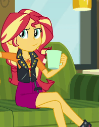 Size: 728x928 | Tagged: safe, derpibooru import, edit, edited screencap, screencap, sunset shimmer, equestria girls, equestria girls series, text support, animated, cafe, clothes, cropped, crossed legs, cup, drinking, geode of empathy, magical geodes, mug, offscreen character, reversed, tea, text support: sunset shimmer