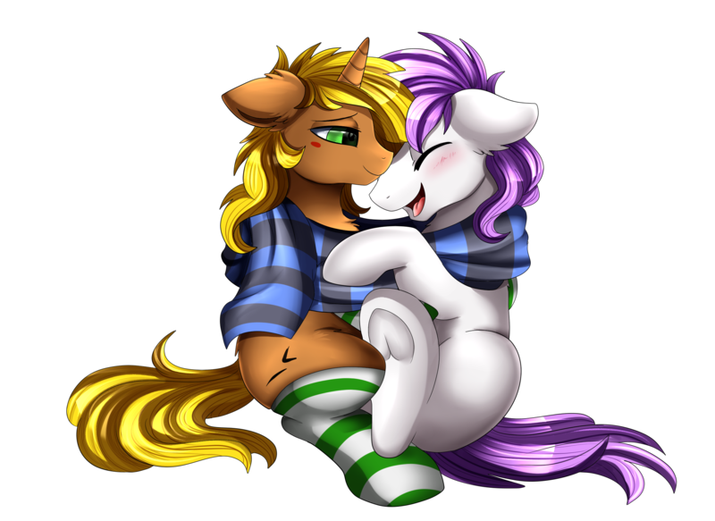 Size: 2494x1816 | Tagged: safe, artist:pridark, derpibooru import, oc, oc:rock, oc:sophi, unofficial characters only, pony, unicorn, blushing, chest fluff, clothes, commission, cuddling, cute, ear fluff, eyes closed, floppy ears, frog (hoof), gay, male, oc x oc, open mouth, scarf, shared clothing, shared scarf, shipping, simple background, smiling, socks, striped socks, transparent background, underhoof