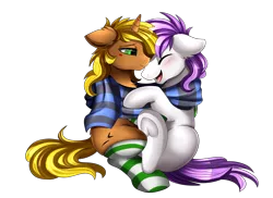 Size: 2494x1816 | Tagged: safe, artist:pridark, derpibooru import, oc, oc:rock, oc:sophi, unofficial characters only, pony, unicorn, blushing, chest fluff, clothes, commission, cuddling, cute, ear fluff, eyes closed, floppy ears, frog (hoof), gay, male, oc x oc, open mouth, scarf, shared clothing, shared scarf, shipping, simple background, smiling, socks, striped socks, transparent background, underhoof