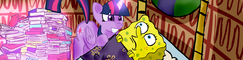 Size: 960x240 | Tagged: artist needed, safe, derpibooru import, alicorn, bed, book, crossover, glowing horn, grin, image, png, spongebob squarepants, spongebob squarepants (character), spongetwi