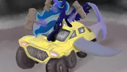 Size: 1920x1080 | Tagged: armored car, artist:firemuffin, clothes, colored, derpibooru import, female, fins, hammer, lingerie, looking at you, painting, princess luna, solo, solo female, starlight over detrot, suggestive, taxi