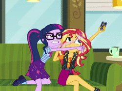 Size: 1436x1080 | Tagged: safe, derpibooru import, screencap, sci-twi, sunset shimmer, timber spruce, twilight sparkle, equestria girls, equestria girls series, text support, animated, clothes, flailing, geode of empathy, geode of telekinesis, glasses, keep away, legs, magical geodes, majestic as fuck, panic, phone, sound, tantrum, text support: sunset shimmer, twilighting, webm