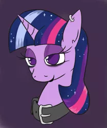 Size: 501x599 | Tagged: artist:jargon scott, bedroom eyes, black lipstick, bust, collar, derpibooru import, descended twilight, ear piercing, earring, ethereal mane, eyelashes, eyeliner, eyeshadow, goth, jewelry, lipstick, makeup, piercing, safe, solo, starry mane, twilight sparkle