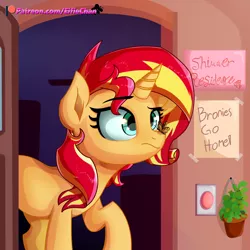 Size: 3000x3000 | Tagged: safe, artist:katakiuchi4u, derpibooru import, sunset shimmer, butterfly, pony, unicorn, anti-bronybait, butterfly on nose, door, doorway, female, frozen, insect on nose, mare, patreon, patreon logo, raised hoof, sign, solo