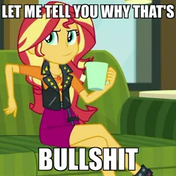 Size: 2048x2048 | Tagged: safe, derpibooru import, screencap, sunset shimmer, equestria girls, equestria girls series, text support, cropped, crossed legs, food, geode of empathy, let me tell you why that's bullshit, magical geodes, meme, solo, tea, text support: sunset shimmer, vulgar
