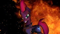 Size: 2560x1440 | Tagged: safe, artist:rootbeer2222, derpibooru import, tempest shadow, pony, my little pony: the movie, 3d, broken horn, destruction, evil grin, female, fire, grin, looking at you, mare, silly little ponies, smiling, smirk, source filmmaker