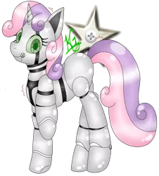Size: 900x994 | Tagged: safe, artist:royaltwilight, derpibooru import, sweetie belle, pony, robot, robot pony, unicorn, friendship is witchcraft, blank flank, cute, female, hooves, horn, looking at you, mare, metal, raised hoof, simple background, solo, sweetie bot, transparent background