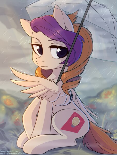 Size: 1635x2160 | Tagged: safe, artist:fensu-san, derpibooru import, oc, unofficial characters only, pegasus, pony, female, lidded eyes, mare, rain, sitting, solo, umbrella, wing hands