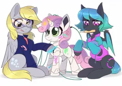 Size: 1280x905 | Tagged: safe, artist:fensu-san, derpibooru import, derpy hooves, sweetie belle, oc, oc:moondrive, bat pony, pegasus, pony, robot, robot pony, unicorn, bat pony oc, bat wings, blank flank, clothes, cutie mark, derpfest, female, filly, foal, glasses, hooves, horn, jacket, mare, mouth hold, screwdriver, simple background, sitting, standing, sweetie bot, sweetie bot project, tongue out, white background, wings, wires