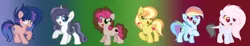 Size: 1712x314 | Tagged: safe, artist:marielle5breda, derpibooru import, oc, oc:apple cider, oc:magic star, oc:sapphire gem, unofficial characters only, earth pony, hybrid, pegasus, pony, unicorn, female, filly, gradient background, interspecies offspring, offspring, parent:applejack, parent:caramel, parent:cheese sandwich, parent:discord, parent:fancypants, parent:flash sentry, parent:fluttershy, parent:pinkie pie, parent:rainbow dash, parent:rarity, parent:soarin', parent:twilight sparkle, parents:carajack, parents:cheesepie, parents:discoshy, parents:flashlight, parents:raripants, parents:soarindash