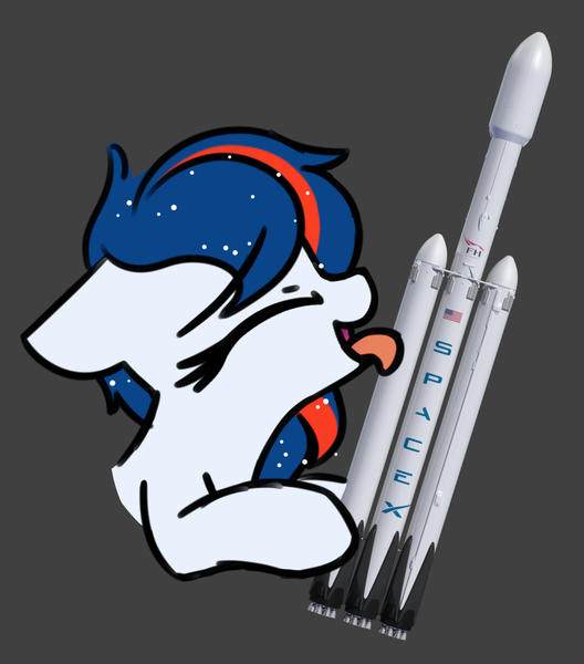 Size: 1100x1250 | Tagged: suggestive, artist:masserey, derpibooru import, oc, oc:nasapone, eyes closed, falcon heavy, floppy ears, implied oc, licking, open mouth, rocket, simple background, spacex, tongue out