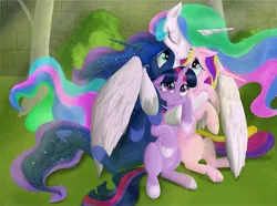 Size: 4380x3261 | Tagged: alicorn, alicorn tetrarchy, artist:greenbrothersart, artist:silfoe, colored, color edit, cute, cutedance, cutelestia, derpibooru import, edit, eyes closed, female, group hug, hnnng, hug, lunabetes, missing accessory, momlestia, movie accurate, princess cadance, princess celestia, princess luna, safe, sisterly love, smiling, snuggling, true love princesses, twiabetes, twilight sparkle, twilight sparkle (alicorn), winghug