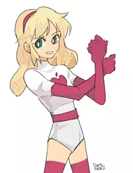 Size: 540x698 | Tagged: safe, artist:dusty-munji, derpibooru import, applejack, human, equestria girls, clothes, costume, crossover, elastigirl, freckles, simple background, solo, superhero, the incredibles, white background