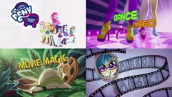 Size: 3643x2048 | Tagged: safe, derpibooru import, screencap, applejack, fluttershy, juniper montage, pinkie pie, rainbow dash, rarity, sci-twi, spike, spike the regular dog, sunset shimmer, twilight sparkle, dog, dance magic, equestria girls, mirror magic, movie magic, spoiler:eqg specials, clothes, converse, equestria girls logo, film reel, humane five, humane seven, humane six, shoes, sneakers, title card