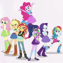 Size: 2048x2048 | Tagged: safe, derpibooru import, screencap, applejack, fluttershy, pinkie pie, rainbow dash, rarity, sci-twi, spike, spike the regular dog, sunset shimmer, twilight sparkle, dog, equestria girls, spoiler:eqg specials, boots, clothes, compression shorts, cowboy boots, cowboy hat, cropped, denim skirt, glasses, hat, humane five, humane seven, humane six, intro, mary janes, pants, ponytail, shoes, skirt, smiling, socks, stetson