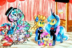 Size: 3006x1981 | Tagged: safe, artist:liaaqila, derpibooru import, apple bloom, princess celestia, princess luna, scootaloo, sweetie belle, oc, oc:silly scribe, alicorn, earth pony, pegasus, pony, unicorn, bow, bowtie, crown, cute, cutelestia, cutie mark crusaders, eyes closed, female, filly, floppy ears, food, guillotine, hair bow, hat, jewelry, looking back, magician outfit, mare, open mouth, pie, pie tin, pied, prone, raised hoof, regalia, sillestia, silly, silly pony, sitting, stage, tangled up