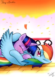 Size: 2480x3507 | Tagged: safe, artist:twidasher, derpibooru import, rainbow dash, twilight sparkle, pegasus, pony, unicorn, autumn, chest fluff, cuddling, eyes closed, female, golden oaks library, hug, leaves, lesbian, lying down, mare, multicolored hair, shipping, signature, smiling, twidash, winghug