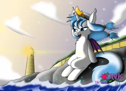 Size: 988x714 | Tagged: safe, artist:pencil bolt, derpibooru import, oc, oc:kampanat kaenil, bat pony, pony, blue eyes, cloud, crown, dam, evening, fantasy, forest, jewelry, light, lighthouse, ocean, open mouth, orange sky, regalia, road, rock, stars, yellow sky