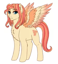 Size: 664x737 | Tagged: safe, artist:miamaha, derpibooru import, oc, oc:eventide twister, pegasus, pony, chest fluff, colored wings, eyeshadow, female, fluffy, frown, gradient wings, leg fluff, looking at you, makeup, mare, multicolored wings, offspring, parent:quarter hearts, parent:sunset shimmer, parents:sunsethearts, simple background, solo, spread wings, white background, wings