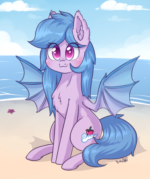 Size: 1126x1344 | Tagged: safe, artist:dsp2003, derpibooru import, oc, oc:fruit hulu, unofficial characters only, bat pony, pony, animated, animated png, bat pony oc, beach, blushing, chest fluff, cute, dsp2003 is trying to murder us, ear fluff, female, mare, mlem, ocbetes, silly, sitting, spread wings, tongue out, wings