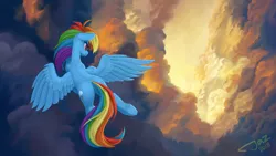 Size: 3840x2160 | Tagged: safe, artist:1jaz, derpibooru import, rainbow dash, pegasus, pony, cloud, cloudy, featureless crotch, female, flying, high res, mare, multicolored hair, plot, rear view, scenery, signature, sky, solo, spread wings, wings