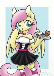 Size: 1024x1448 | Tagged: arm hooves, artist:mimicproductions, bipedal, clothes, coffee, collar, cupcake, derpibooru import, drink, fluttershy, food, maid, pegasus, safe, semi-anthro, socks, solo, strapless, striped socks, tray, zettai ryouiki