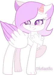 Size: 1097x1534 | Tagged: artist:rosiepie15, chest fluff, colored wings, colored wingtips, derpibooru import, female, horns, hybrid, interspecies offspring, oc, offspring, parent:discord, parent:princess celestia, parents:dislestia, safe, simple background, solo, transparent background, unofficial characters only