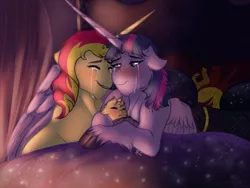 Size: 1200x900 | Tagged: safe, artist:anxiousshadowpetals, derpibooru import, sunset shimmer, twilight sparkle, twilight sparkle (alicorn), oc, oc:dawn, alicorn, bed, crying, eyes closed, female, lesbian, magical lesbian spawn, newborn, offspring, parent:sunset shimmer, parent:twilight sparkle, parents:sunsetsparkle, shipping, sleeping, sunsetsparkle, tears of joy