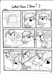 Size: 2550x3506 | Tagged: artist:lupiarts, black and white, bubble, cider, comic, comic:what have i done, derpibooru import, drunk, grayscale, horse, laughing, male, monochrome, mug, oc, oc:daxter, oc:ron nail, sad, safe, speech bubble, stallion, tankard, traditional art, unofficial characters only