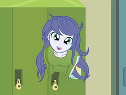 Size: 2944x2208 | Tagged: safe, artist:badumsquish, derpibooru import, wallflower blush, ghost, monster girl, a friendship to remember, equestria girls, equestria girls series, forgotten friendship, blue hair, door, female, freckles, grin, haunted, lock, lockers, looking at you, pale skin, poster, show accurate, smiling, solo, species swap, wall, wall shadow