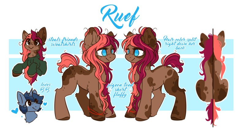 Size: 5000x2616 | Tagged: safe, artist:ruef, derpibooru import, oc, oc:b.b., oc:ruef, unofficial characters only, earth pony, pony, unicorn, female, mare, reference sheet, simple background, solo, sweatshirt, transparent background