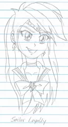 Size: 581x1083 | Tagged: safe, artist:haleyc4629, derpibooru import, part of a set, rainbow dash, human, equestria girls, bust, crossover, female, lined paper, manga attempt, monochrome, portrait, sailor guardian, sailor loyalty, sailor moon, sailor scout, simple background, sketch, solo, traditional art